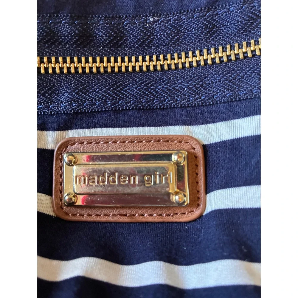 Madden Girl Striped Canvas Backpack Navy White Gold Zip School Travel Bag